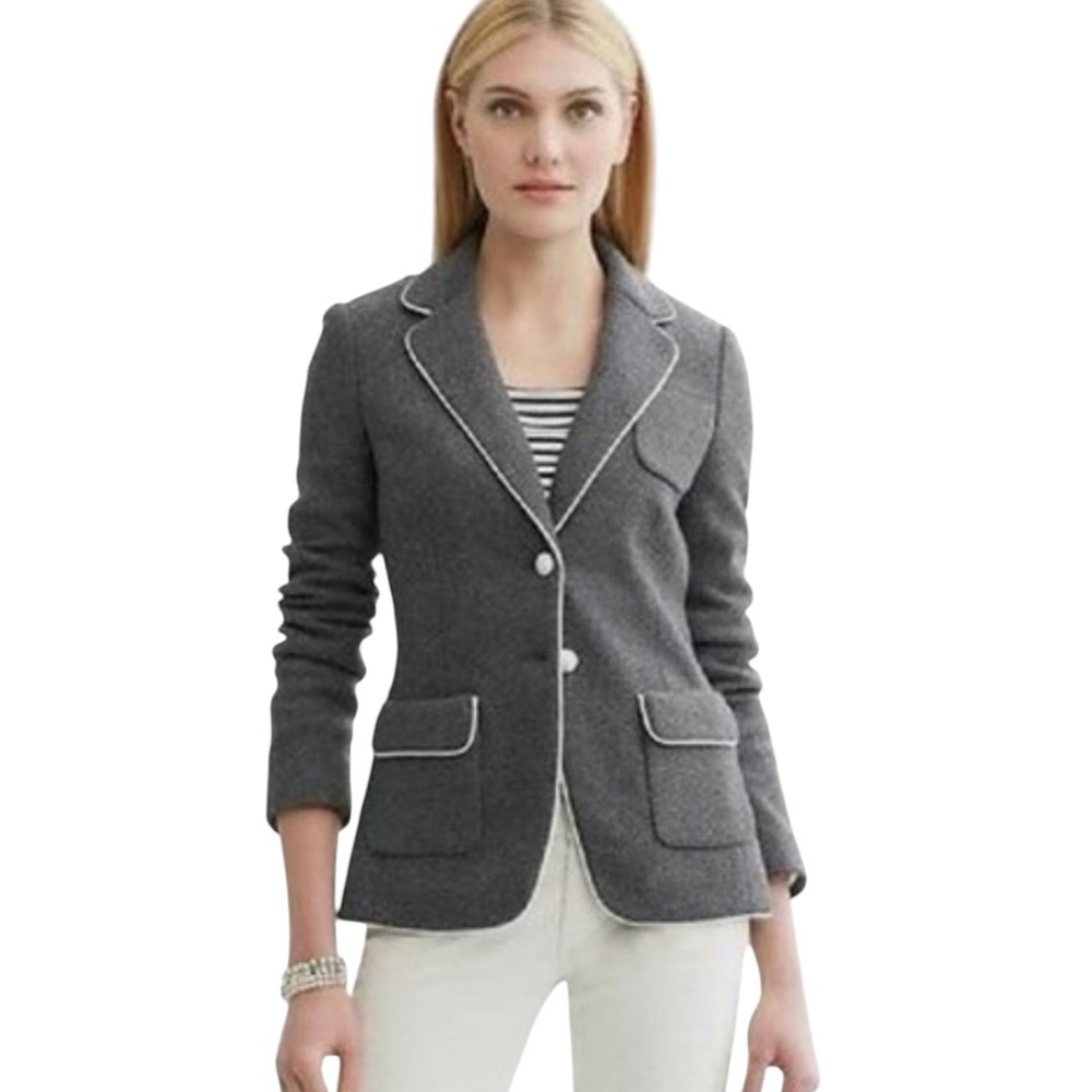Banana Republic Luxurious Italian Wool Gray Blazer Jacket with White Trim